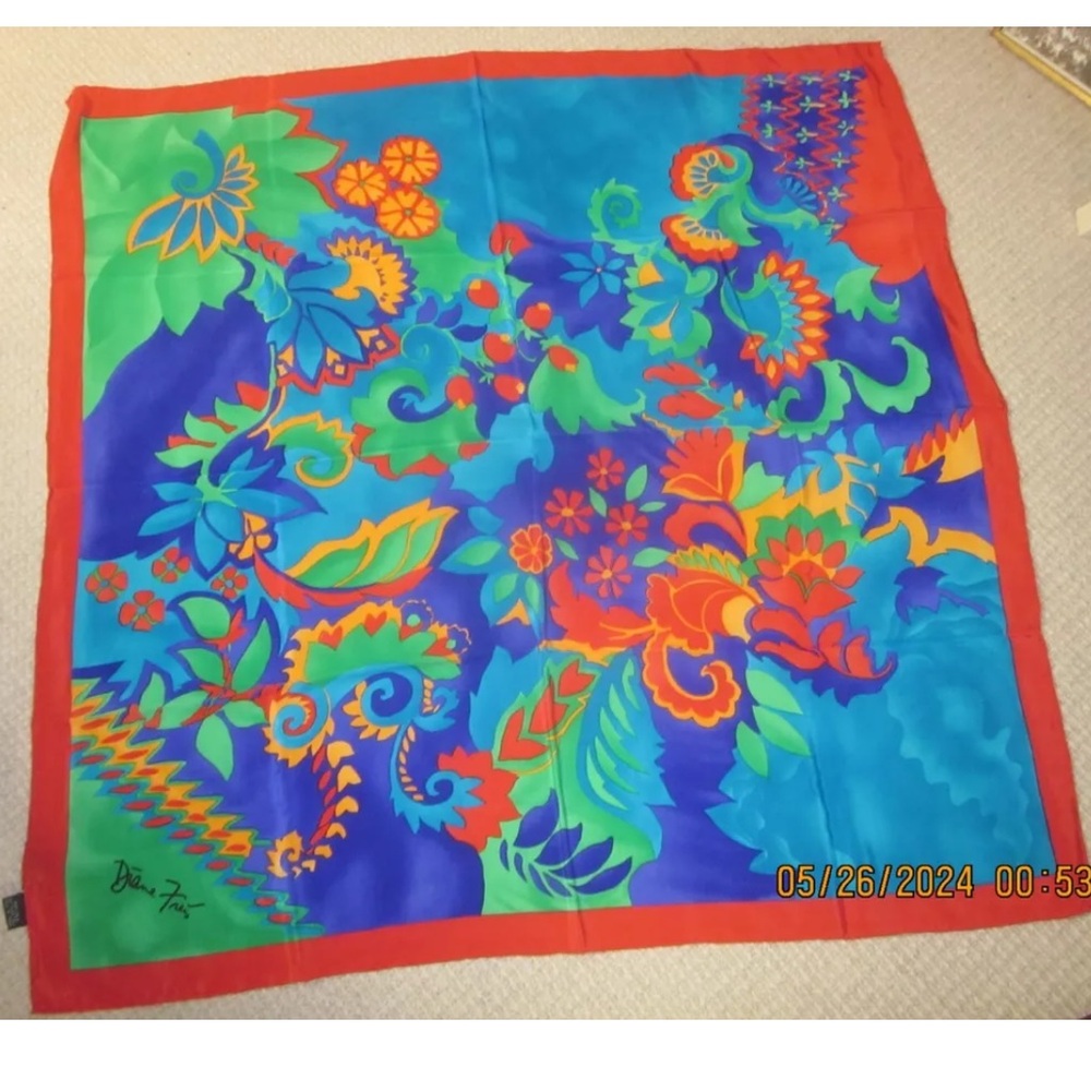 Vintage Diane Freis Silk Scarf 42 inch x 42 Red green Blue Yellow floralcolorful